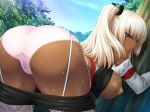 ass bent_over blonde_hair blue_eyes blush breasts dark_skin garter_belt lipstick looking_back mole panties pants_down pink_panties ponytail solo stockings sweat sweaty underwear uniform