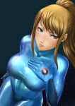 1girl blonde_hair blue_eyes bodysuit breasts dutch_angle eyelashes hand_on_own_chest hand_to_chest hands_on_chest large_breasts latex long_hair metroid nintendo ponytail samus_aran shiny shiny_clothes solo sweatdrop yosida_komati zero_suit