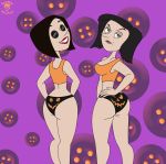 ass bigtyme bikini black_hair breasts coraline green_eyes halloween jack_o_lantern_print lipstick looking_back mel_jones milf mole other_mother print_bikini purple_background red_lipstick short_hair