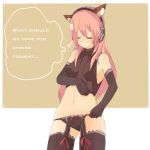 1girl animal_ears black_panties blush closed_eyes elbow_gloves english garters gloves hibimegane highres lingerie long_hair luka_megurine megurine_luka navel panties pink_hair smile solo thigh-highs thighhighs underwear undressing vocaloid