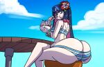  1girl ass ass_cleavage ass_focus axel-rosered big_ass bikini blue_panties blue_striped_panties bottom_heavy bubble_ass bubble_butt bursting_butt butt_crack clouds dat_ass dessert eating fat_ass flower flower_on_head glasses_on_head huge_ass ice_cream long_ass long_hair looking_back lowleg lowleg_panties panty_&amp;_stocking_with_garterbelt pink_hair purple_hair sexy sexy_ass sexy_body sexy_breasts shimapan sky stocking_(psg) striped_panties table thick_ass thick_thighs two_tone_hair voluptuous wide_hips 