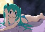 1girl aqua_hair ass barefoot blue_eyes blue_panties bra feet filtration full_moon hatsune_miku legs lingerie long_hair lying miku_hatsune moon night night_sky on_stomach open_bra open_mouth otoi_rekomaru panties sky solo strap_slip thong twintails underwear underwear_only vocaloid