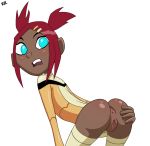  anus aqua_eyes ass bent_over big_breasts blush bottomless breasts bubble_butt dark_skin hair looking_back randomrandom red_ass red_hair sari_sumdac shiny_skin solo transformers transformers_animated twin_tails 