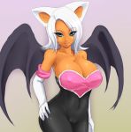 animal_ears anthro anthrofied attractive_look bare_shoulders bat_ears bat_wings big_breasts black_legwear blue_eyes bodysuit breasts cameltoe catsuit cleavage cosplay curvy dark_skin elbow_gloves erect_nipples eyeshadow flirt gloves hair hand_on_hip hands_on_hips hips homura homura_(haku89) huge_breasts lipstick makeup milf navel nipples pantyhose pussy rouge_the_bat sega short_hair smile solo sonic_the_hedgehog tan_skin white_hair wide_hips winged_humanization wings