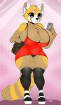  1girl 1girl 2019 aggressive_retsuko ailurid anthro big_breasts blush breasts cellphone cleavage cleavage_overflow clothed clothing digital_media_(artwork) dress footwear furry high_res holding_object holding_phone huge_breasts legwear mammal niis nipple_outline phone purse red_panda retsuko sanrio signature thick_thighs 