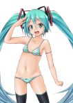 1girl aqua_eyes aqua_hair bra face hatsune_miku highres lingerie long_hair lowleg lowleg_panties miku_hatsune miu_(angelo_whitechoc) navel open_mouth panties salute simple_background solo striped striped_bra striped_panties thighhighs twin_tails twintails underwear underwear_only very_long_hair vocaloid white_background