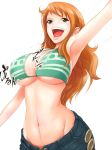 1girl armpits bikini_top blush bouncing_breasts breasts brown_eyes cleavage earrings erect_nipples jewelry large_breasts long_hair nami navel one_piece open_mouth orange_hair sabaody_archipelago sideboob simple_background solo suzu-batsu suzume_(291291) suzume_(pixiv2138484) tears unbuttoned underboob white_background