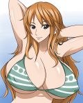  1girl arms_behind_head attractive big_breasts bikini_top breasts cleavage earrings erect_nipples hair hands_behind_head huge_breasts jewelry long_hair midriff milf nami one_piece orange_hair otogi_tetsurou sabaody_archipelago smile solo tattoo 