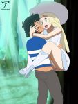  1boy 1girl against_tree arekusanderu ash_ketchum bare_arms blonde blonde_hair clothe clothed_sex commission dress female female_human green_eyes hand_on_head hand_on_waist hat human human/human leg_lock legs_tied lillie lillie_(pokemon) male male/female male_human open_mouth outdoor outdoor_sex outside panties panties_aside penetration penis_in_pussy pokemon pokemon_(anime) pokemon_sm satoshi_(pokemon) sleeveless sleeveless_dress stand_and_carry_position standing standing_sex tree vaginal vaginal_penetration vaginal_sex 