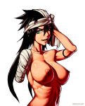  1girl amputee bandage big_breasts black_hair bleach blue_eyes breasts female green_eyes long_hair nipples nude sefuart shiba_kuukaku simple_background solo speh white_background 