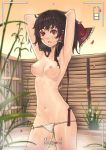 1girl armpits arms_behind_head arms_up bow breasts brown_hair female fundoshi hair_bow hair_tubes hakurei_reimu navel nipples onsen panties panties_only petals pussy_peek red_eyes reimu_hakurei remana solo topless touhou underwear underwear_only viewfinder