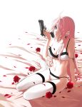  1girl arm_support bad_id beretta_92 blue_eyes bra breasts cleavage flower gun hair_over_one_eye handgun lingerie long_hair luka_megurine megurine_luka navel panties petals pink_hair pistol rioko sitting solo strap_slip thighhighs underwear underwear_only vocaloid weapon white_legwear white_thighhighs yokozuwari 