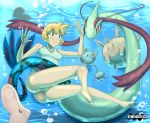 :> :) azurill bubble corsola feet fingers grin hands happy luvdisc maigleco milotic misty orange_hair pokemon short_hair smile toes under_water underwater