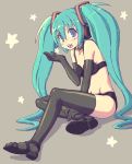 1girl black_bra black_panties blue_eyes blue_hair blush bra elbow_gloves gloves hatsune_miku kimarin lingerie long_hair miku_hatsune oekaki panties sitting solo thighhighs twintails underwear underwear_only vocaloid