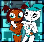  aqua_eyes aqua_hair aqua_panties black_eyes blue_panties breasts crossover dark_skin jenny_wakeman jewelry my_life_as_a_teenage_robot necklace nipples panties rayryan_(artist) red_hair robot sari_sumdac smile transformers transformers_animated twin_tails underwear xj-9 