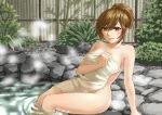 1girl bare_shoulders breasts brown_eyes brown_hair covering hamura_mayu light_smile meiko naked_towel nude nude_cover onsen short_hair smile solo steam towel vocaloid water