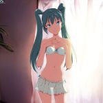  1girl aqua_eyes aqua_hair bikini bra breasts female hands hatsune_miku jpeg_artifacts lingerie long_hair looking_away miku_hatsune navel no_panties see-through see-through_silhouette shiika_sadamasa skirt smile solo standing steepled_fingers strapless_bra thigh_gap tsurime twintails underwear vocaloid 