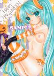 1girl aqua_eyes aqua_hair boots breasts elbow_gloves fingerless_gloves frilled_legwear gloves halloween happy_halloween hatsune_miku knee_boots long_hair marker_(medium) miku_hatsune mocomoco_party navel nipples panties sample sitting smile solo stockings striped striped_legwear striped_panties striped_thighhighs thighhighs topless traditional_media twintails underwear very_long_hair vocaloid