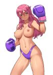 1girl 1girl 1girl areola areola_slip blue_eyes blush boxing_gloves breasts bubuki_buranki cessa clavicle clenched_hands commission gloves grey_eyes hair_between_eyes high_resolution highleg highleg_panties long_hair medium_breasts multicolored multicolored_eyes navel nipples panties pink_hair purple_gloves purple_panties standing taneomi_shizuru thighs topless underwear very_high_resolution white_background