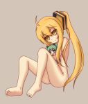  akita_neru barefoot blonde_hair feet hatsune_miku highres long_hair miku_hatsune neru_akita nude ponytail sitting smile vocaloid 