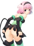  1girl anus ass bad_id bare_shoulders blush demon_tail detached_sleeves hairband looking_back momo_velia_deviluke no_panties open_mouth orange_(satsurikukuma) pink_hair pussy short_hair solo stockings striped striped_legwear striped_thighhighs tail thighhighs thighs to_love-ru to_love-ru_darkness toloveru toloveru_darkness uncensored white_background 