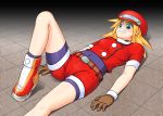 blonde_hair breasts capcom gloves green_eyes hat lying rockman rockman_dash roll_caskett see-through shorts skin_tight socks solo tears