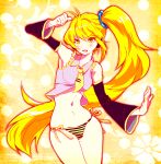  1girl akita_neru blonde_hair chibi detached_sleeves highres long_hair mikoyan_g navel necktie neru_akita panties ponytail side-tie_panties side_ponytail solo striped striped_panties underwear very_long_hair vocaloid yellow_eyes yellow_necktie 