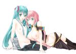 2girls aqua_eyes aqua_hair armband bad_id bare_shoulders between_breasts boots breasts erect_nipples female female_only hatsune_miku iko_(artist) iko_(gun) large_breasts long_hair luka_megurine megurine_luka midriff miku_hatsune mouth_hold multiple_girls navel necktie nipples open_mouth pink_hair simple_background thigh_boots thigh_high_boots thighhighs topless very_long_hair vocaloid white_background yuri