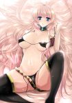 1girl bikini black_legwear black_panties black_thighhighs blue_eyes blush bra breasts large_breasts legs long_hair luka_megurine lying megurine_luka navel on_back panties pink_hair riria side-tie_bikini side-tie_panties solo spread_legs swimsuit thick_thighs thighhighs thighs underwear very_long_hair vocaloid