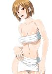 1girl bandage bandages blush breasts brown_eyes brown_hair cleavage female_only fundoshi highres meiko navel sarashi shin'ya_(shin'yanchi) shiny shiny_skin short_hair simple_background smile solo underboob vocaloid white_background