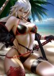 absurd_res beach bikini fate/grand_order gloves jeanne_d'arc_(alter) silver_hair sword yellow_eyes zumi_(artist)