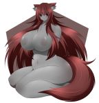 1girl animal_ears anthro anthrofied breasts curvy dark_skin female fzn hips huge_breasts kneel kneeling long_hair navel nipples nude red_eyes red_hair solo tail wide_hips wolf