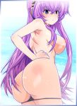 ass black_panties blue_eyes breasts female head_pones headphones large_breasts long_hair looking_back luka_megurine megurine_luka nipples outdoors outside panties panty_pull perky_breasts profile purple_hair ryuu_ryuu solo standing swimsuit topless underwear undressing vocaloid water