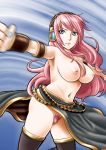 bad_id blue_eyes breasts colored_pubic_hair double_lariat_(vocaloid) large_breasts long_hair luka_megurine megurine_luka navel nipples pink_hair pubic_hair skirt skirt_lift solo thighhighs topless vocaloid yamakumo