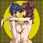 2girls aqua_eyes areola areolae armpit armpits asymmetrical_docking atlus blue_hair blush bosom_buddies breast_press breasts brown_hair checkered eye_contact female female_only g-string hair hug hugging kujikawa_rise large_breasts lipstick looking_at_another love makeup multiple_girls nude open_mouth panties persona persona_4 pink_hair shirogane_naoto short_hair short_twintails sideboob smile symmetrical_docking thong topless twintails underwear yamada_3 yellow_background yuri