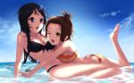 2girls 8:5 akiyama_mio alternate_hairstyle ass barefoot bikini breasts brown_eyes brown_hair butt_crack cait feet forehead front-tie_top grey_eyes hair high_ponytail high_res highres k-on! long_hair lying mio_akiyama multiple_girls on_stomach one_eye_closed ritsu_tainaka shiny shiny_skin striped striped_bikini striped_swimsuit swimsuit tainaka_ritsu wallpaper wink