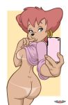 anthro blue_eyes breasts camera_phone cartoon_milf cellphone disney dog earrings goof_troop huge_breasts jewelry looking_back milf nipples orange_hair peg_pete phillipthe2 short_hair solo tan tan_line verbasan wide_hips