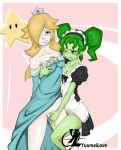  2girls aqua_eyes blonde_hair breasts crossover crown dress female fingering green_hair green_skin maid maid_uniform mimi_(super_paper_mario) multiple_girls nintendo princess_rosalina purple_eyes pussy super_mario_bros. super_paper_mario twintails yuri yuumeilove 