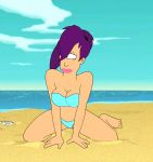 beach bikini breasts cleavage cyclops futurama lipstick ocean one_eye pink_lipstick ponytail purple_hair solo turanga_leela