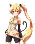  1girl akita_neru animal_ears bare_shoulders bike_shorts bike_shorts_pull blonde_hair blush cat_ears cat_tail detached_sleeves groin kemonomimi_mode kotobamaru long_hair mound_of_venus navel necktie neru_akita ponytail pulled_by_self shorts shorts_pull simple_background solo tail vocaloid white_background yellow_eyes yellow_necktie 