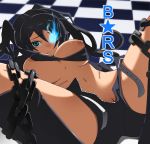  1girl bad_id bdsm bikini_top black_hair black_rock_shooter black_rock_shooter_(character) blue_eyes bondage bound breasts chain chains clitoris_slip glowing glowing_eyes hot_pants hotpants kosame_daizu large_breasts long_hair lying nipples no_panties on_back open_clothes open_fly open_shorts pussy pussy_peek scar short_shorts shorts solo spread_legs stitches twin_tails twintails uncensored unzipped vocaloid 