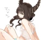 1girl black_hair black_rock_shooter camisole curly_hair dead_master green_eyes horns long_hair mebachi_maguro mgg panties see-through simple_background sitting smile solo striped striped_panties underwear white_background