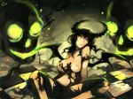 1girl bad_id black_hair black_rock_shooter breast_grab breasts chain chains dead_master grabbing green_eyes horns long_hair navel nipples self_fondle sitting skull solo torn_clothes wings zhuxiao517