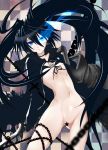 1girl bikini_top black_hair black_rock_shooter black_rock_shooter_(character) blue_eyes bottomless breasts cape censored chain chains checkered checkered_background flat_chest glowing glowing_eye glowing_eyes navel nipples ringed_eyes scar solo star sword twin_tails weapon yokoyama_naoki