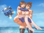 1girl 2_girls bald_pussy beach blush breasts d.va_(overwatch) duo elbow_gloves female_only glasses gloves hairless_pussy kagato007 mei-ling_zhou mei_(overwatch) naked_stockings naked_thighhighs no_shoes nude overwatch princess_carry pussy smile snowball_(overwatch) stockings teeth thick_thighs thighs yuri