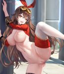 1girl :d against_wall amber_(genshin_impact) arms_up artist_name big_breasts blush breasts brown_eyes brown_hair buckle censored chihunhentai day decensor_request female_only female_solo flying_sweatdrops functionally_nude functionally_nude_female genshin_impact goggles goggles_on_head hair_ornament hair_ribbon high_resolution leg_lift light-skinned_female light_skin long_hair long_sleeves looking_at_viewer mosaic_censoring navel nipples nude nude_female nude_female_solo open-mouth_smile open_mouth outside pale-skinned_female pale_skin pussy red_jacket red_ribbon ribbon shrug_(clothing) smile solo_female standing standing_on_one_leg stockings stomach sunlight toned very_long_hair white_legwear