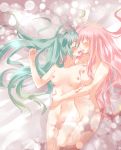 2girls blush breasts closed_eyes couple ginshachi green_hair hair hatsune_miku highres long_hair luka_megurine megurine_luka miku_hatsune multiple_girls mutual_yuri navel nipples nude pink_hair saliva saliva_trail sweat very_long_hair vocaloid yuri