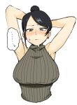 1girl bijin_onna_joushi_takizawa-san black_hair blush breasts brown_eyes earrings hair_bun hand_behind_head hands_behind_head jewelry large_breasts mole mole_under_mouth ribbed_sweater sleeveless sweater takizawa_kyouko turtleneck yan-baru