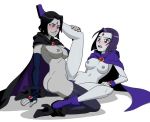 2_girls 2girls dc_comics dcau dildo_in_pussy double_dildo dual_persona naked_cape nipples rachel_roth raven_(dc) raven_(teen_titans) selfcest teen_titans thigh_boots thigh_high_boots vaginal_insertion yuri