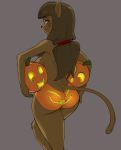  1girl 1girl 2020 ankama anthro breasts brown_body brown_fur clothed clothing dbaru dofus ecaflip felid fur furry halloween high_res holidays jack-o&#039;-lantern looking_at_viewer mammal miranda_(wakfu) panties rear_view side_boob topless underwear video_games wakfu 